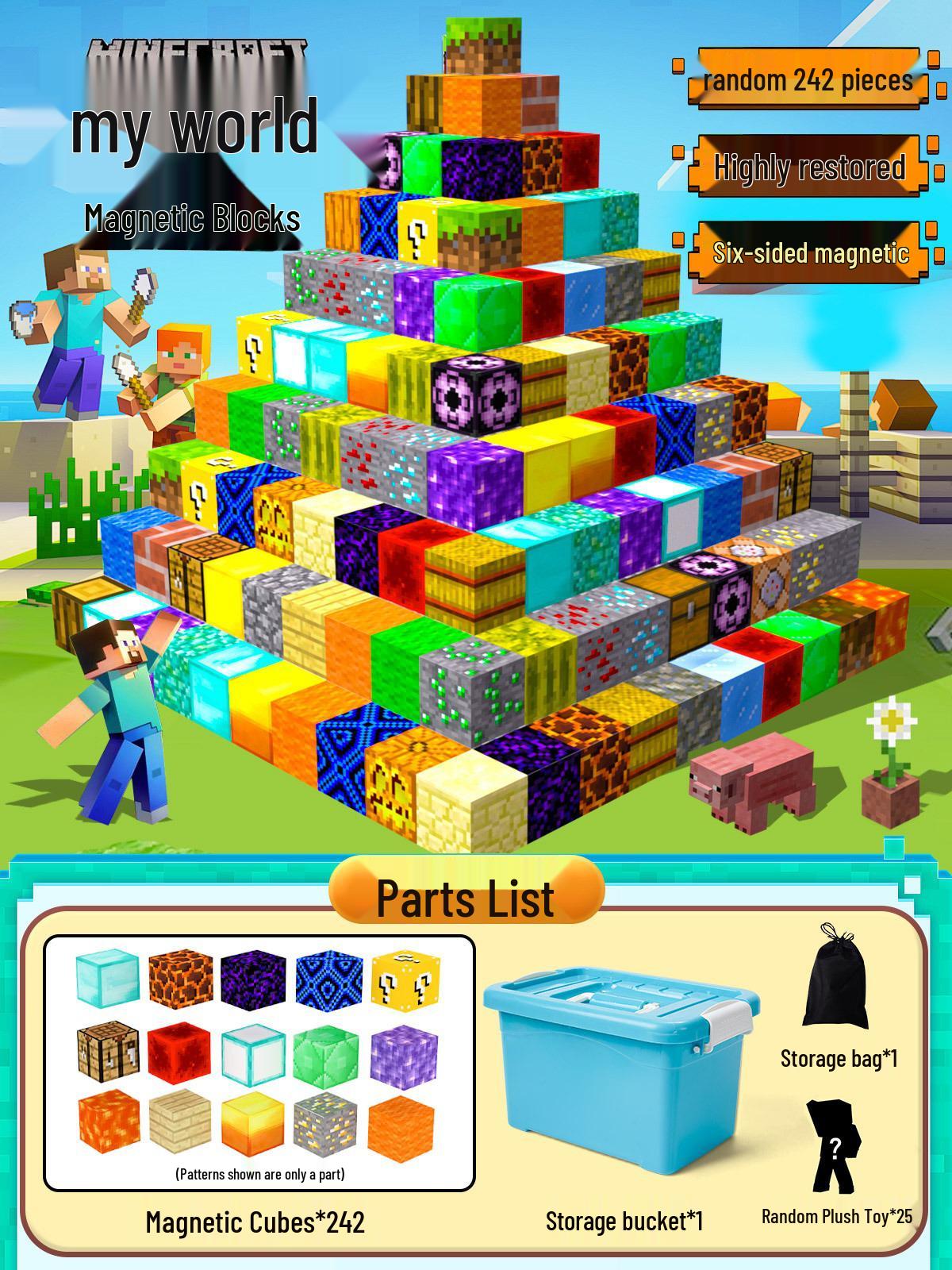 

Магнітний блок-пазл 2 см для дітей - Креативні будівельні іграшки для самостійного складання 242 pieces + 25 figures + storage bag + bucket