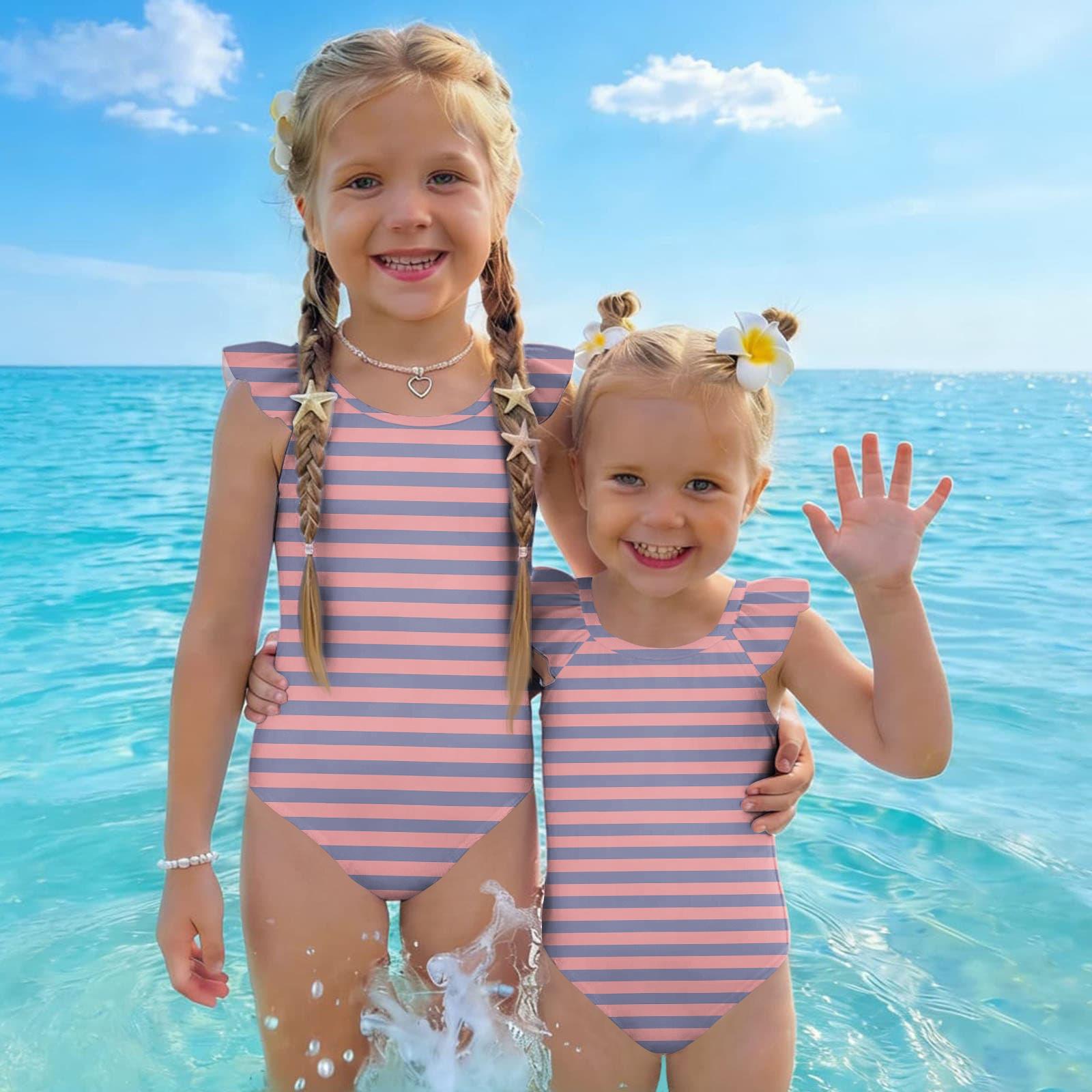 

Girls One Piece Swimsuit Striped Print Ruffle Shoulder Design Comfortable Fit Lightweight Fabric Suitable for Summer Beach Pool Activities 120