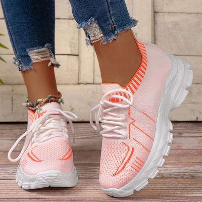Tênis Feminino Malha Elástica Fly Knit Grosso Sola Macia Sapatos Femininos Casual Respirável Lace-up Esportes Zapatos De Mujer Verão2024