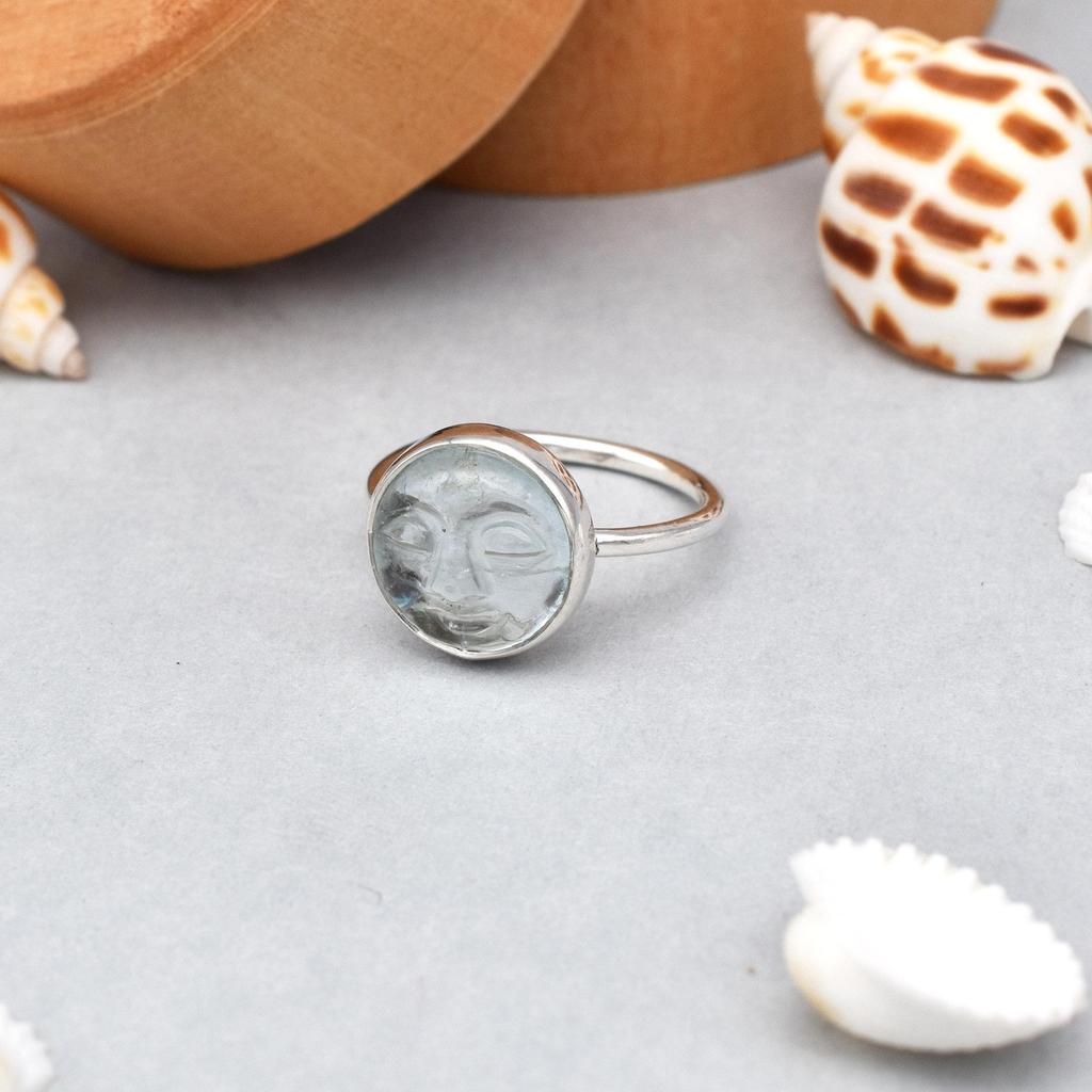 925 Sterling Silver Moon Face Aquamarine Gemstone Ring Size 7 US Gift Ring