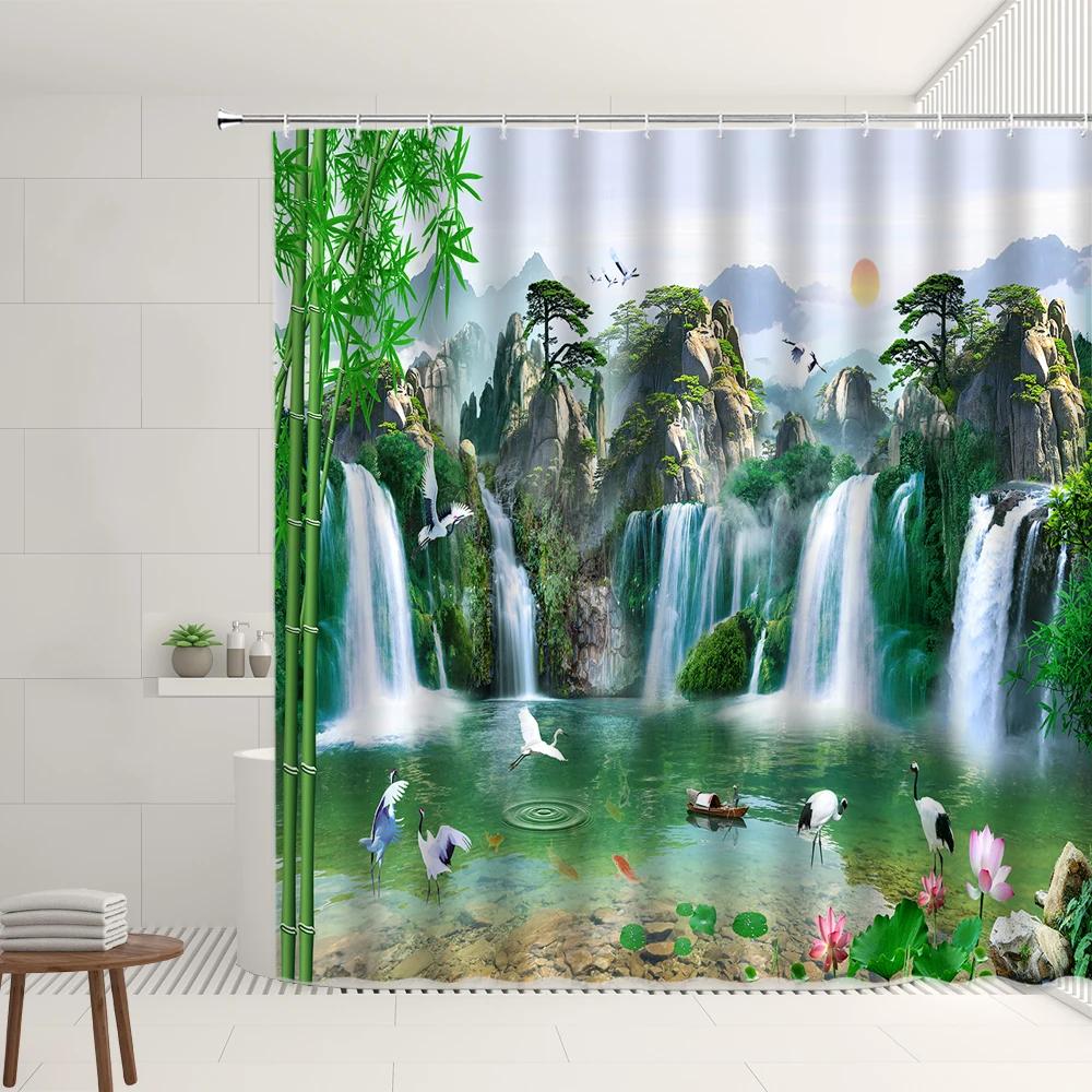 Chinese Landscape Shower Curtain Sets Mountain Waterfall Sunrise Flower Plant Residence Decorations Bathtub Screens With Hooks