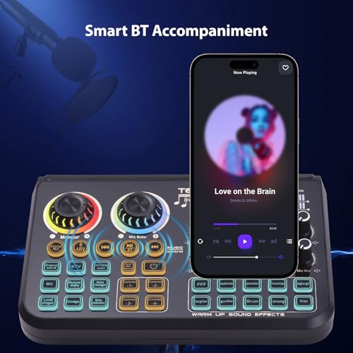 Btuty Soundboard Audio Mixer Live Sound Card with Dynamic LED Colorful Lights, BT Wireless, Plug and Play, One-Click Noise Reduction, Rechargeable for