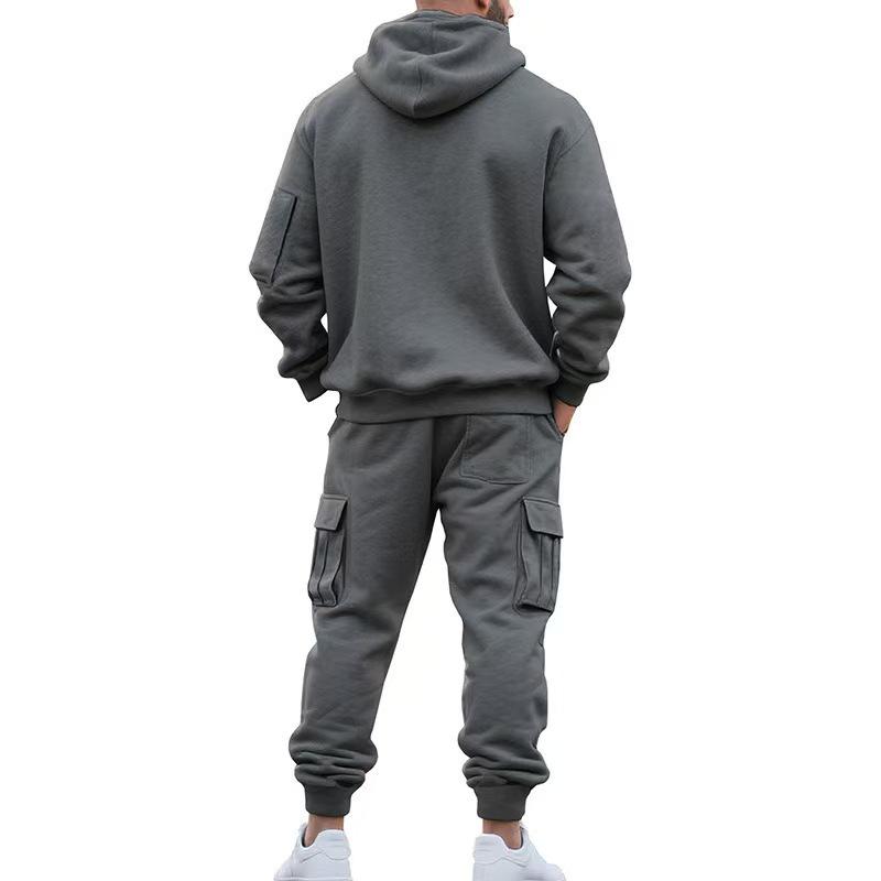 2025 Men's Autumn/Winter Fleece Zip-up Hoodie & Multi-pocket Cargo Pants Sports Set