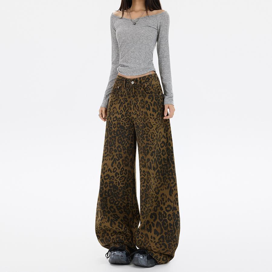 American Streetwear Retro Leopard Casual Pants Women Autumn Winter Fashion Design Versatile Slim Fit Wide Leg Long Pants