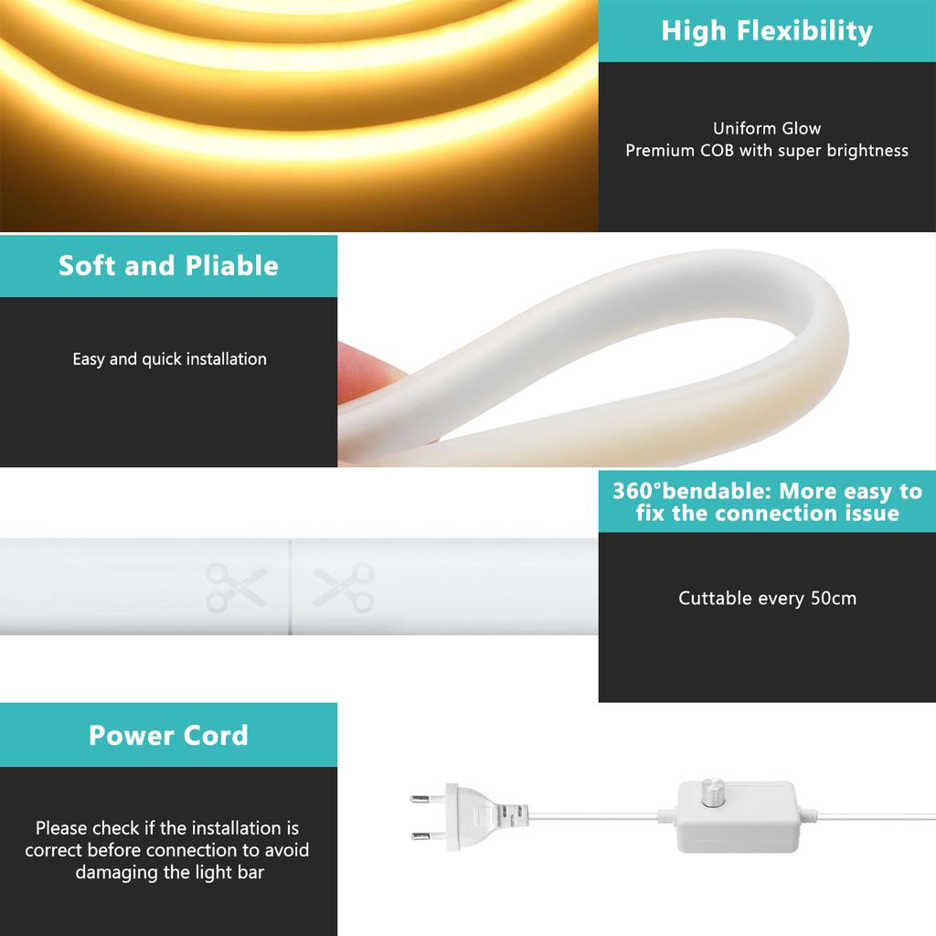 Dimmable 220V COB LED Neon Strip Light 288Leds/M With Switch/Dimmer EU Power Kit Flexible Tape Waterproof Lamp Garden Home Decor