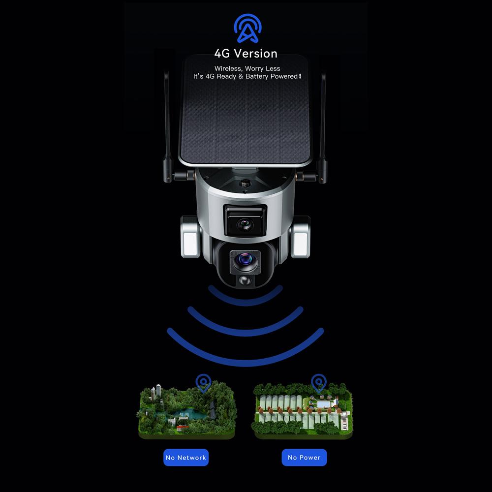 2K 400W 4G 10X optický zoom Bezdrátová solární baterie Duální napájený inteligentní fotoaparát Duální objektiv