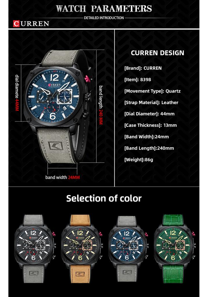 CURREN Chronograph Man WristWatch Calendar Sport Men Watch Military Top Brand Luxury Grey Genuine Leather Male Clock Gift 8398