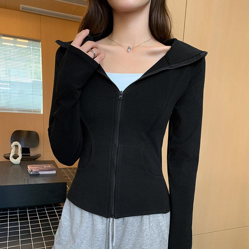 Hooded Sweater Jacket Women's Spring and Autumn New Slim-fit Waist Yoga Sports Short Top Zipper Cardigan