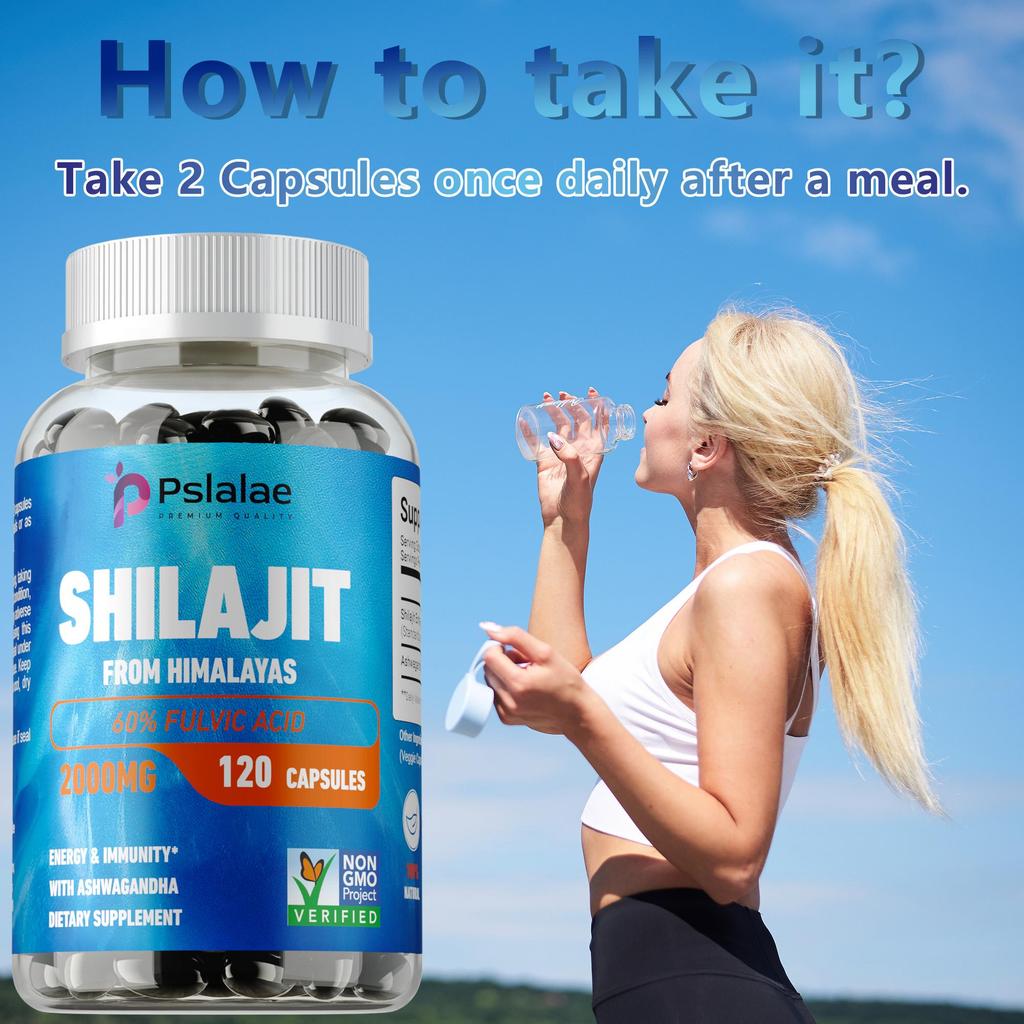 Pslalae Pure Shilajit Resin Capsules 2000mg Enhance Liver Metabolism Lowering Blood Sugar & Anti-Fatigue Energy Support for Men & Women