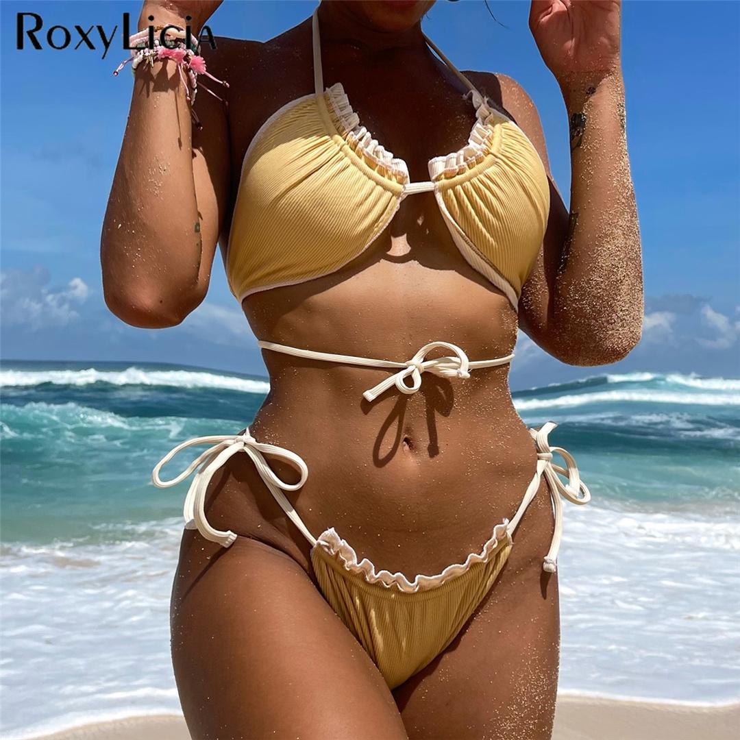 

Новый сексуальный halter плиссированный рюш ребристый бикини женский купальник женщины купальники две части бикини комплект купальник купальник плавательный костюм