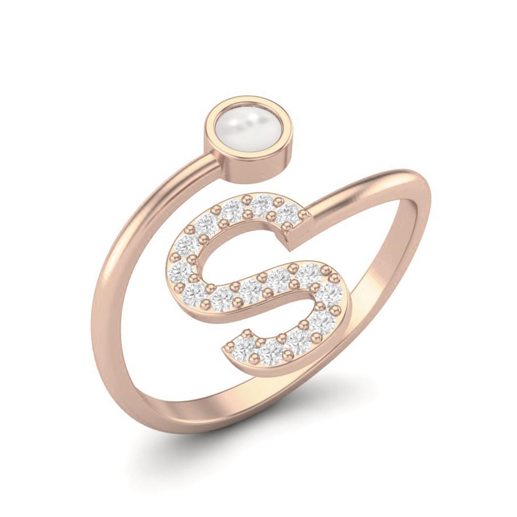 Capital S Initial Letter Pearl Women Adjustable Front Open Ring 925 Sterling Silver Rose Vermeil