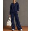 Women's 2 Piece Outfit Notch V Neck Henley Top and Wide Leg Pants Set Casual Solid Color Loungewear