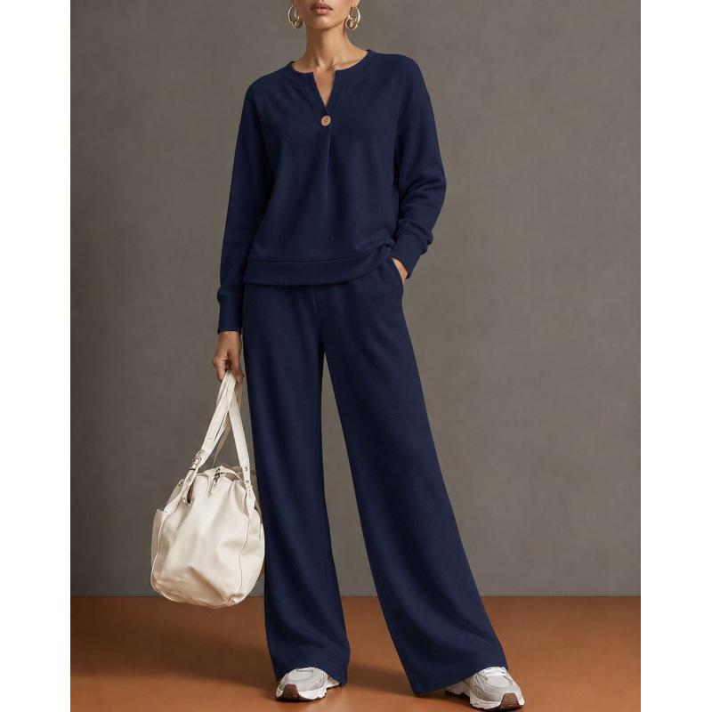 Women's 2 Piece Outfit Notch V Neck Henley Top and Wide Leg Pants Set Casual Solid Color Loungewear