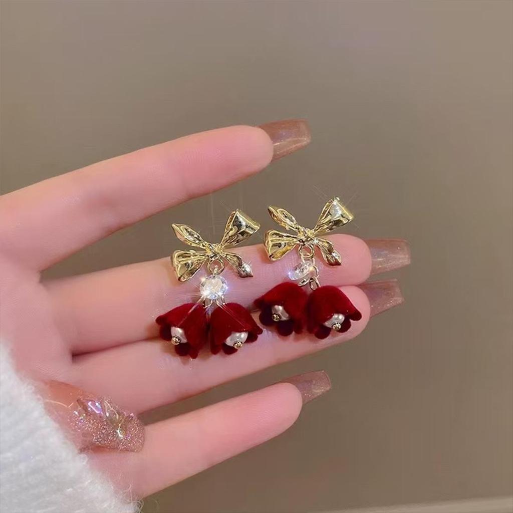 Elegant Christmas Red Bow and Snowflake Stud Earrings for Women