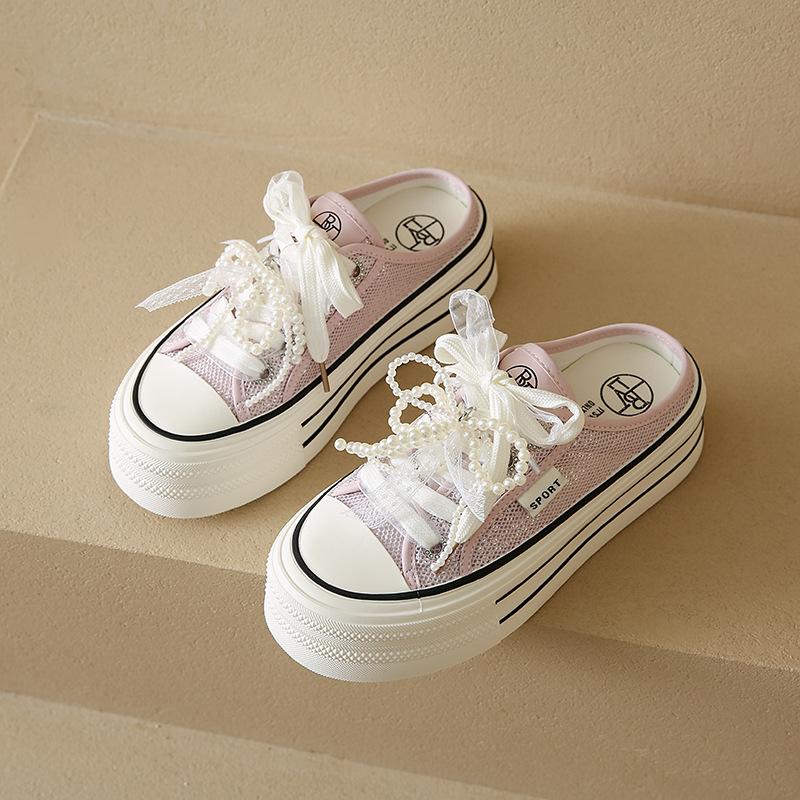 

Thick-soled bag head and half slippers for women s summer wear 2025 new breathable mesh white shoes, one pedal, lazy cool slippers 40 розовый