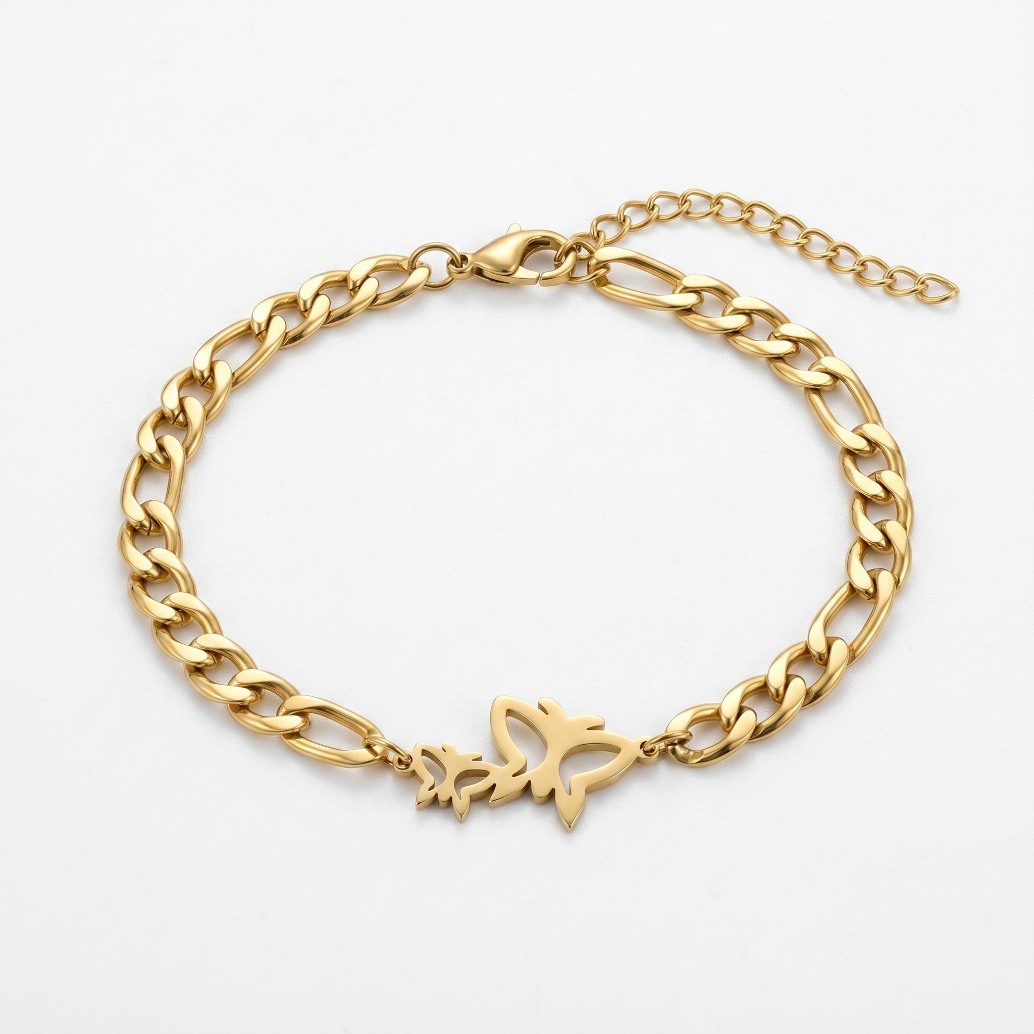 QIAOREN 11735 Tarnish Free 18K Gold Stainless Steel Butterfly & Star Anklet Cuban Chain Adjustable Foot Chain Anklet