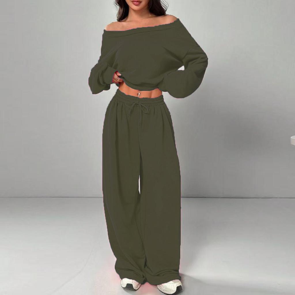 Women's Slim Fit One-Shoulder Crop Top and Casual Pants Set