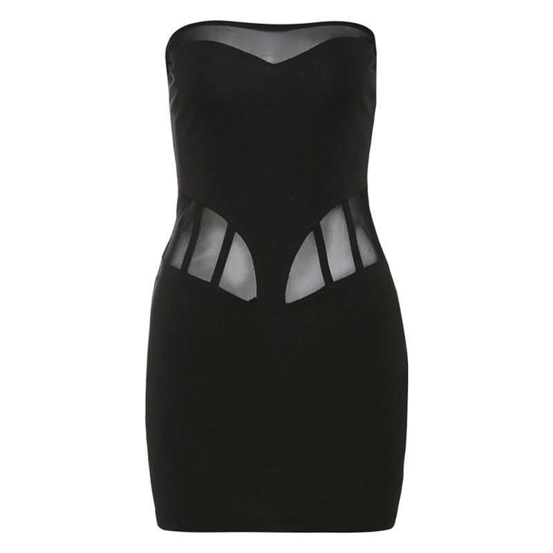 

# Sisjuly# Sexy Gauze Stitching Black Dress Heart Shape Ins Perspective Silm Tube Top Dress Female Black S