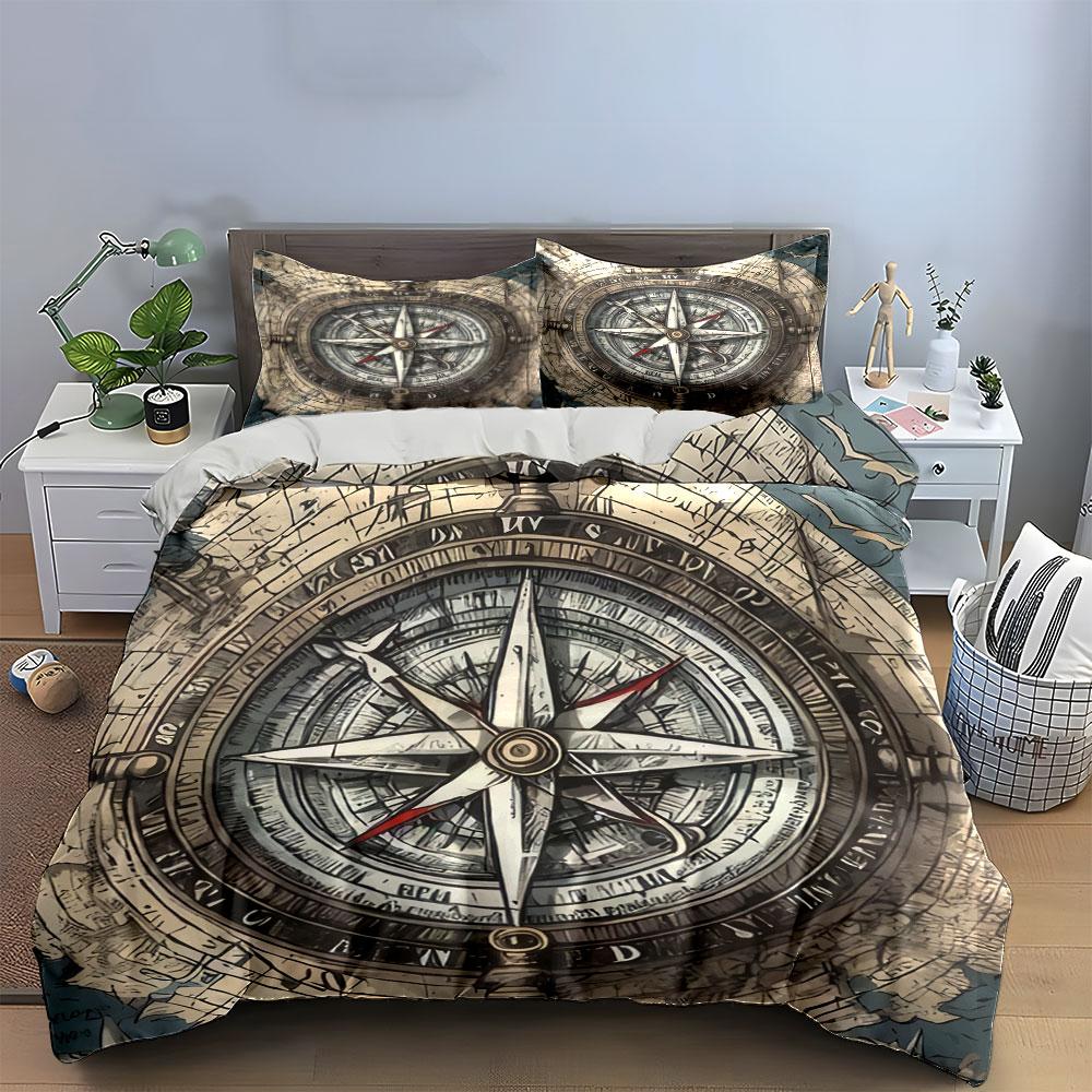 Vintage Nautical Compass Decor Set Soft Skin-Friendly Bedding Set Includes 1 Duvet Cover And 2 Pillowcase Gift