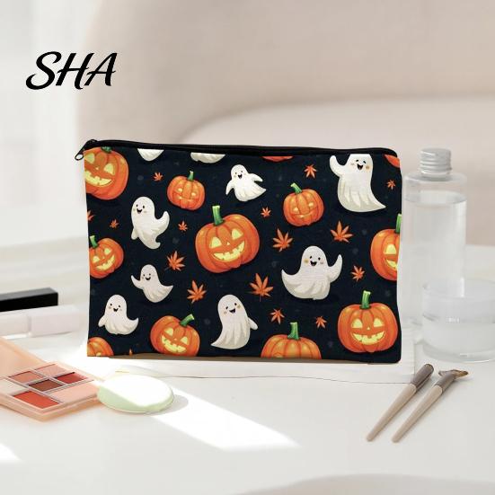 Compact Storage for Small Items Halloween Bag, with Pumpkin Ghost Print, Durable Canvas Cute Festive Zippered Pencil Case Large Capacity Makeup Pouch,