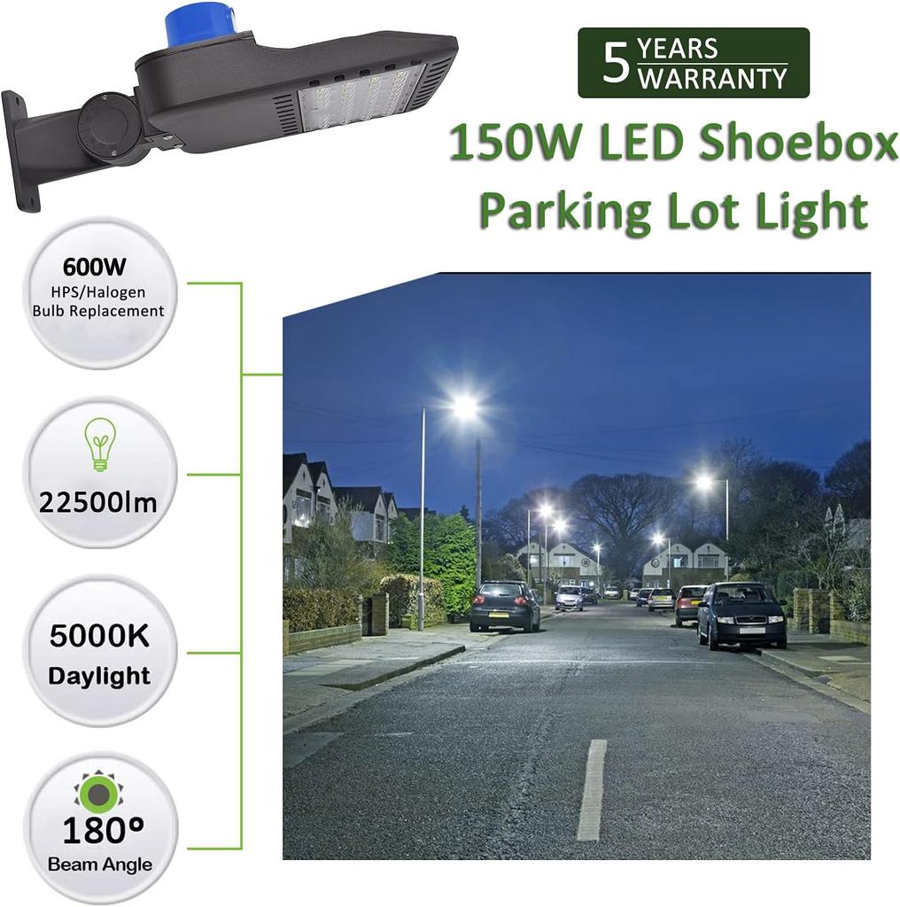 150W LED Street Light, 22,500LM 5000K Daylight White, Replaces 1500W Halide, AC100-277V, Dusk-to-Dawn Photocell, Shoebox Pole Li
