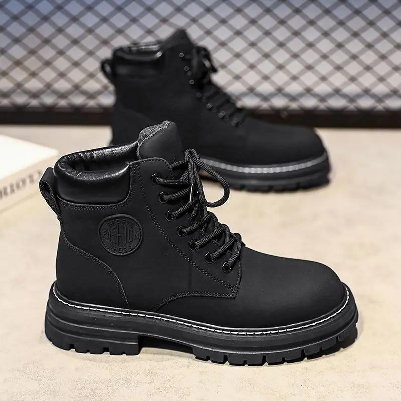 British Style 2026 New Youth High Top Printed Patchwork Workwear Leather Boots Men's Spring Autumn Outdoor Casual Shoes