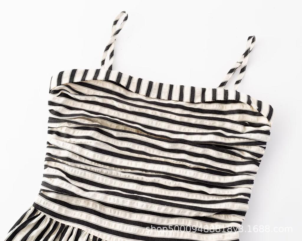 French Tall Splicing Striped Suspender Skirt, High-end Pleated Waist and Thin Off-the-shoulder A-word Dress, Long Dress.