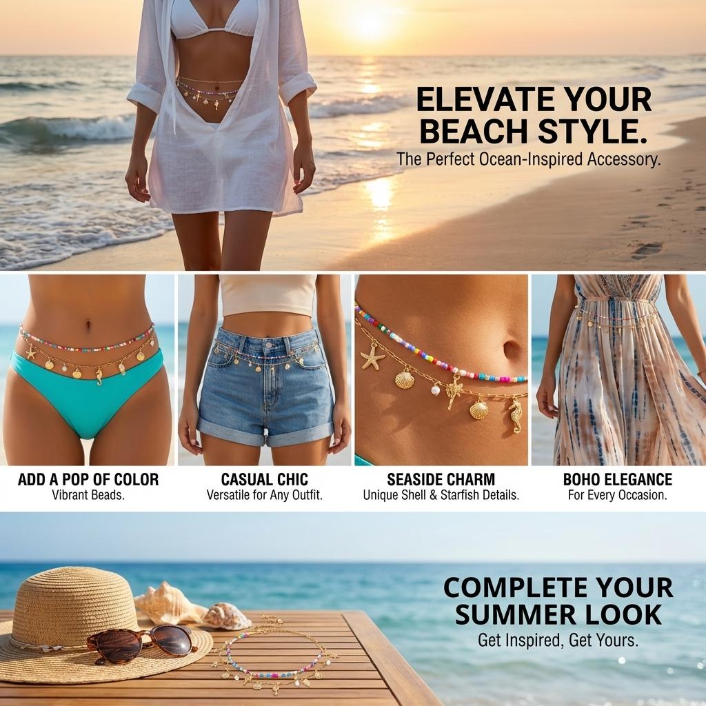 Summer Beach Charm Bikini Waist Chain for Women Rice Beads Starfish Shells Seahorse Pearl  Pendant Sexy Belly Chain Body Jewelry