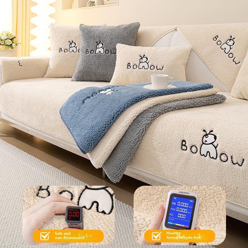 Winter Lamb Velvet Sofa Cover Anti-slip Particles Design Cushion Towel Cartoon Style Embroidery Sofa Cover Thickening Warm Mat