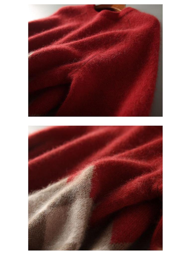 2026 Autumn/Winter Stylish European Raccoon Fur Red Loose Round Neck Pullover Sweater for Women