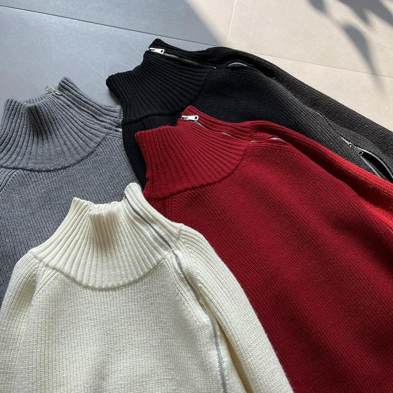 DIMANAF 2025 Autumn Women Zipper Sweaters Lady Pullover Tops Female Turtleneck Knitted Basic Solid Tees Red Sweaters