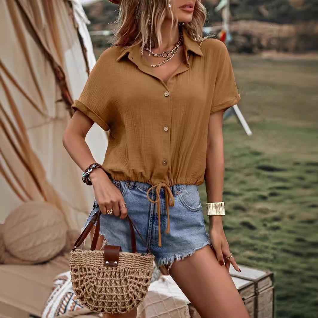 

GMXIA Женский летний однотонный кардиган на пуговицах с блузкой-рубашкой с коротким рукавом M темно-коричневого