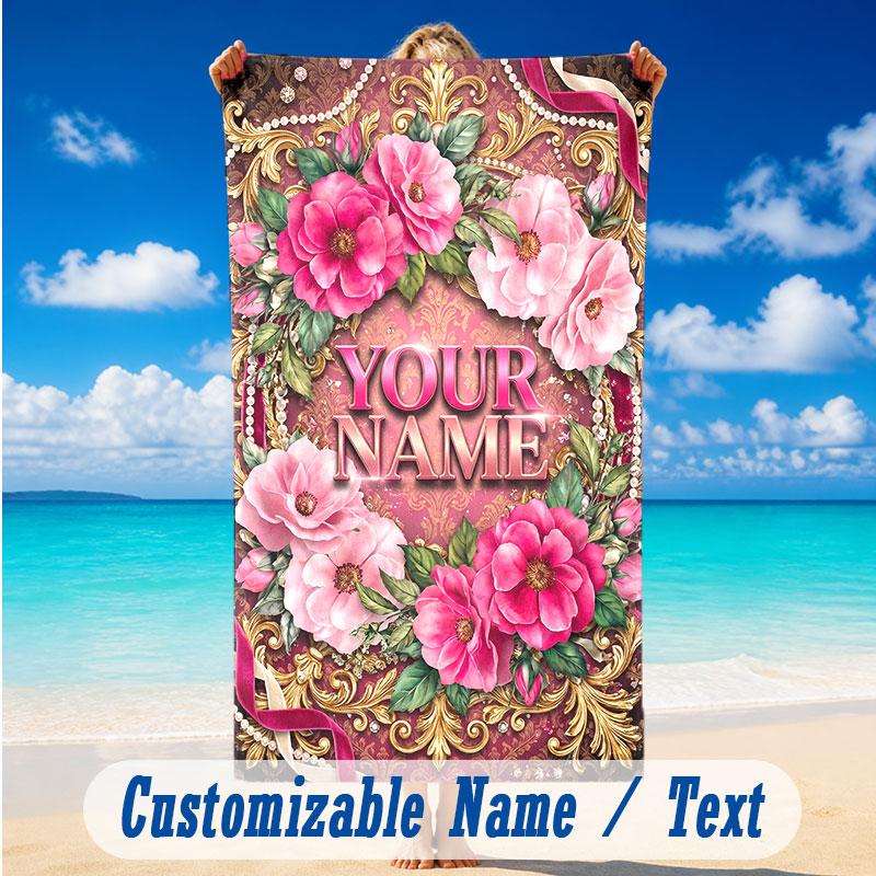 Floral Garden Theme Beach Towel Personalized Custom Name & Text Soft Quick Dry Beach Towel for Swimming Travel