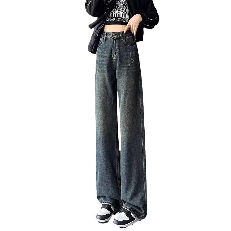Women's Retro Wide-Leg Jeans - Cement Grey, High-Waisted, Slimming, Autumn/Winter European Style