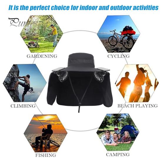 Solar Fan Hat with Neck Flap UPF 50+ UV Protection Hat with 2 Solar Fans Breathable Men Summer Outdoor Activities Fishing Wide Brim Bucket Cap