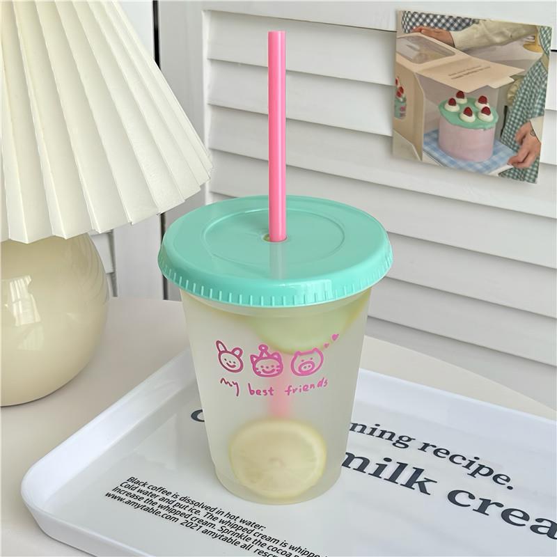 Kawaii Water Bottle For Coffee Juice Milk Tea Cute Plastic Cold Cups With Straw Lid Portable Reusable Drinking Bottle BPA Free