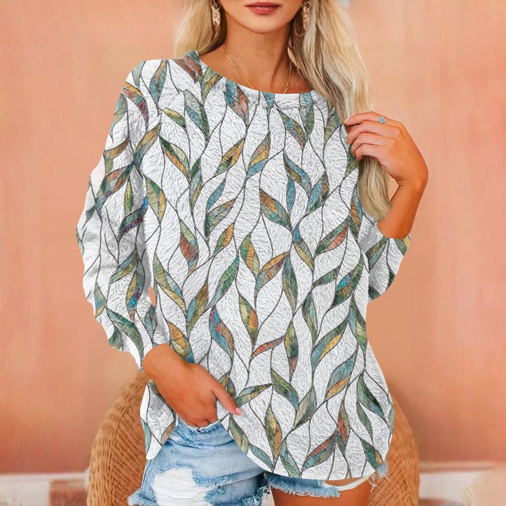 Women's T Shirt Flannel Print Tunic Long Sleeve Party  Round Neck  Tops