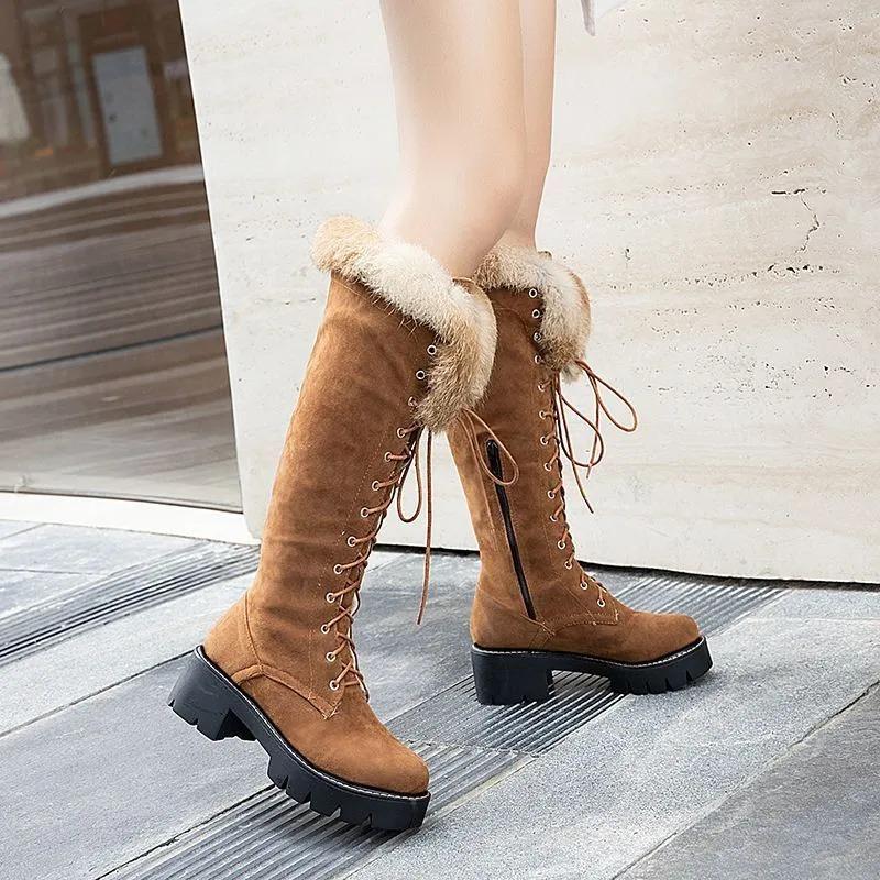 Fretwork Heels Velvet Zip Over-the-Knee Boots Winter Round Toe Fur Med Solid Women Winter Shoes Yellow Knee High Boots