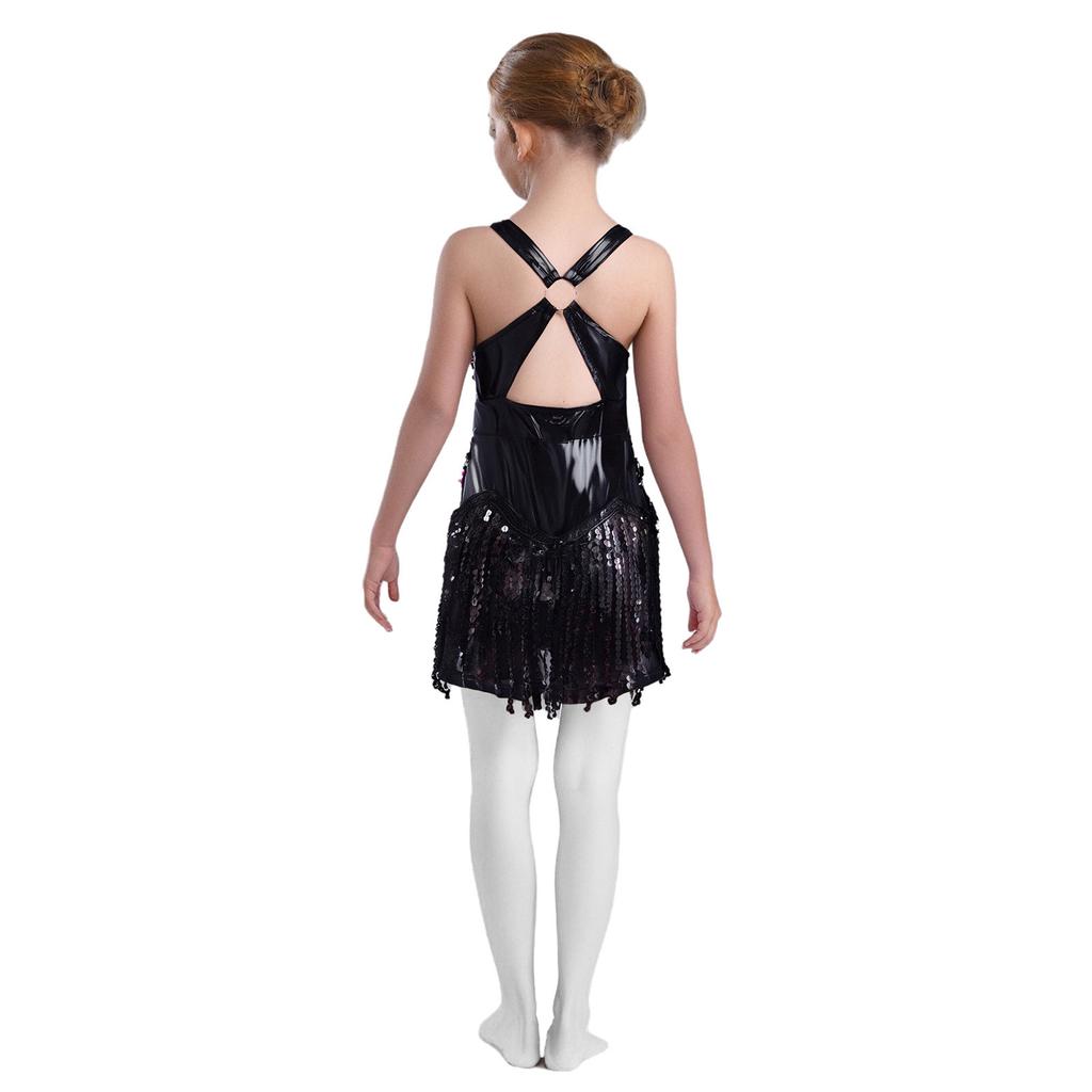 Girls Shiny Sequins Tassel Leotard Cross Front Cutout Back Design Fringed Bodysuit Latin Dance Cha Cha Costume
