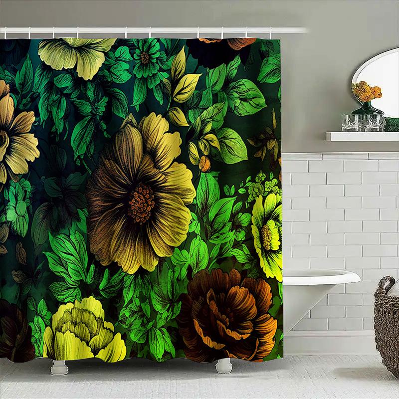 Green Leaves Yellow Flowers Shower Curtain Waterproof Fabric Bathroom Decorative Backdrop For Home Decoration Multicolor Floral