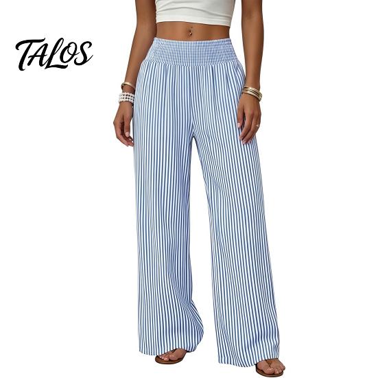 Breathable Loose Trousers Women Striped Wide Leg Pants, Summer Elastic Waist Casual Pants Trousers, Fit Palazzo with Pockets Daily Wear