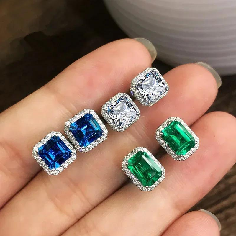Square Green Zircon Earrings For Women'S Elegant Party Anniversary Gift Eternal High Grade Sparkling White Crystal