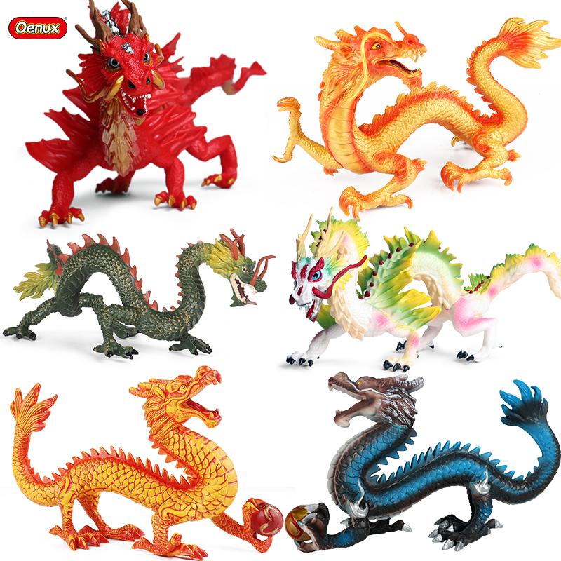 Oenux Original Mythical Chinese Dragon Dinosaurs Action Figures Animals Model Solid PVC Decoration Collection Kids Toy Gift