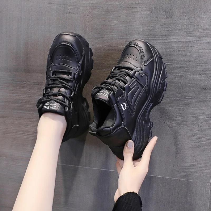 White Platform Women's Sneakers Spring Lace-Up Thick Bottom Vulcanize Shoes Woman Pu Leather Breathable Sports Shoes