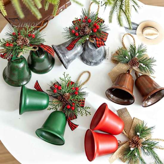 Handmade Style Christmas Tree Decor Bell Ornaments, Metal Double Jingle Bells Xmas Hanging Holiday Party Door Decoration with Pinecones Berries