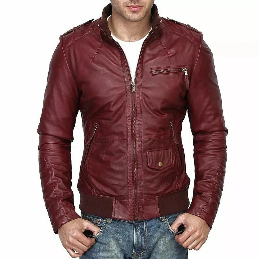 Zipper Jacket Biker Motorcycle Maroon Coat Men's Genuine Lambskin Real Leather