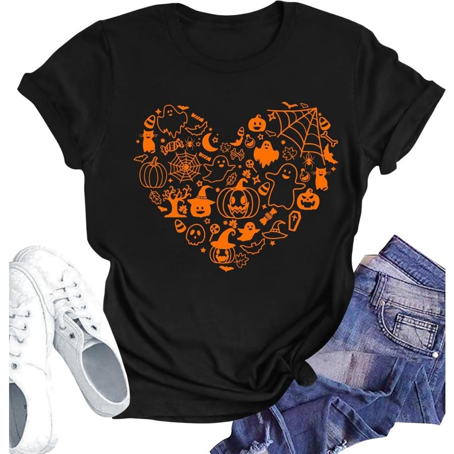 Halloween Shirts Women Hocus Pocus Shirt Funny Pumpkin Heart Graphic Tees Boo Short Sleeve Fall Tops S