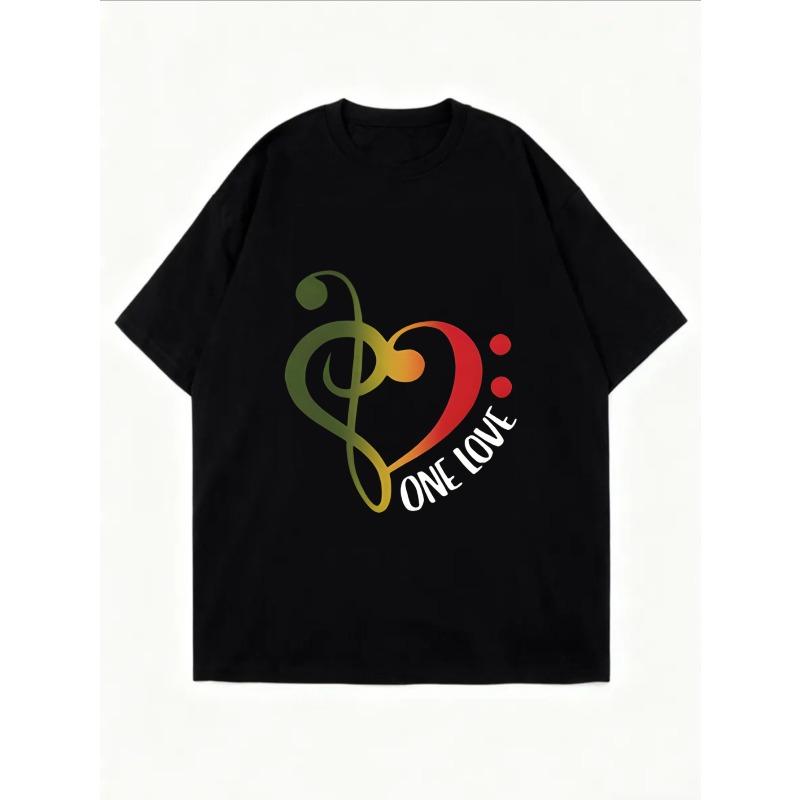 Weißes T-Shirt mit Musiknoten-Herz-Design und One Love-Text für Freizeitkleidung