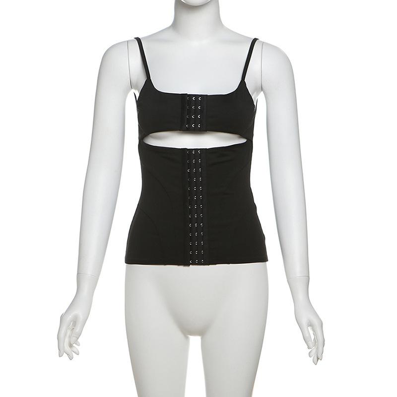 

Summer hollow multi breasted design solid color sexy suspender waist cinching slim fit vest M чорний