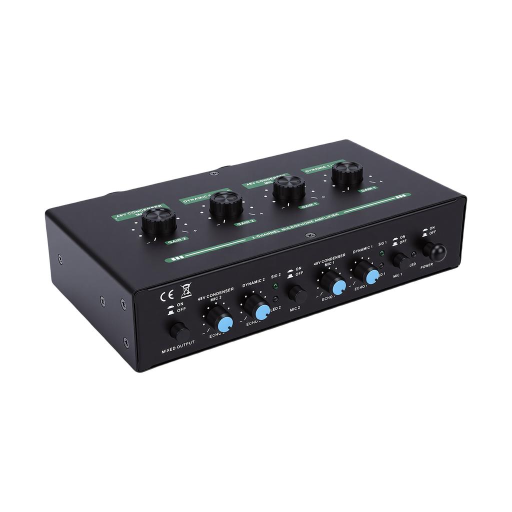 2 Channel Microphone Sound Interface Amplifier with Reverb 2 Input 48V Phantom Power Rechargeable Compact Design for
